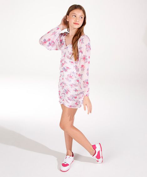 vestido juvenil de tule franzido floral colorido
