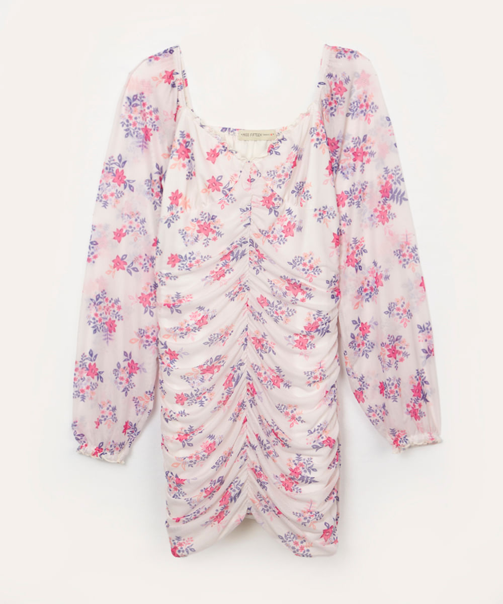 vestido juvenil de tule franzido floral colorido