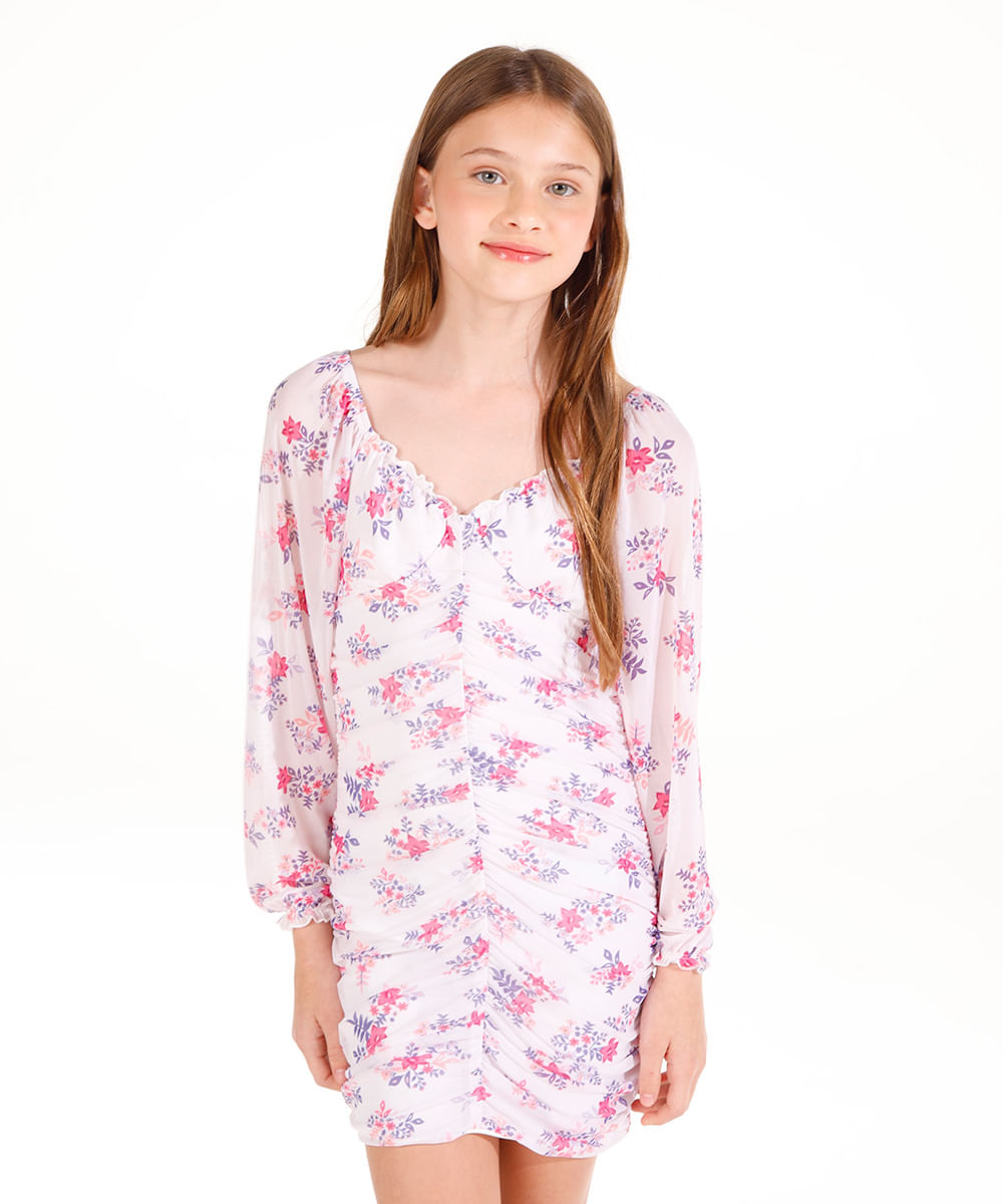 vestido juvenil de tule franzido floral colorido