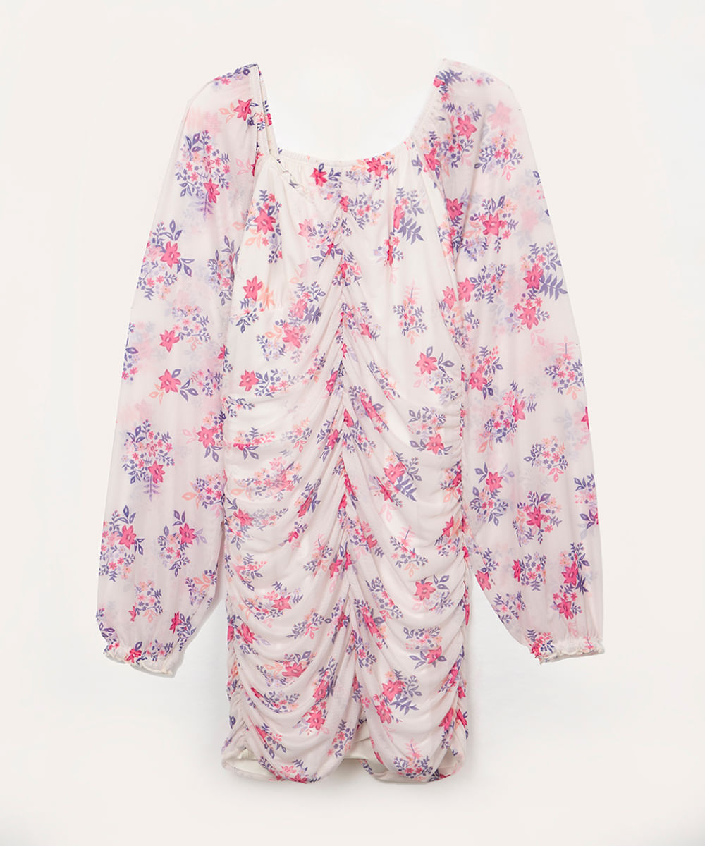 vestido juvenil de tule franzido floral colorido