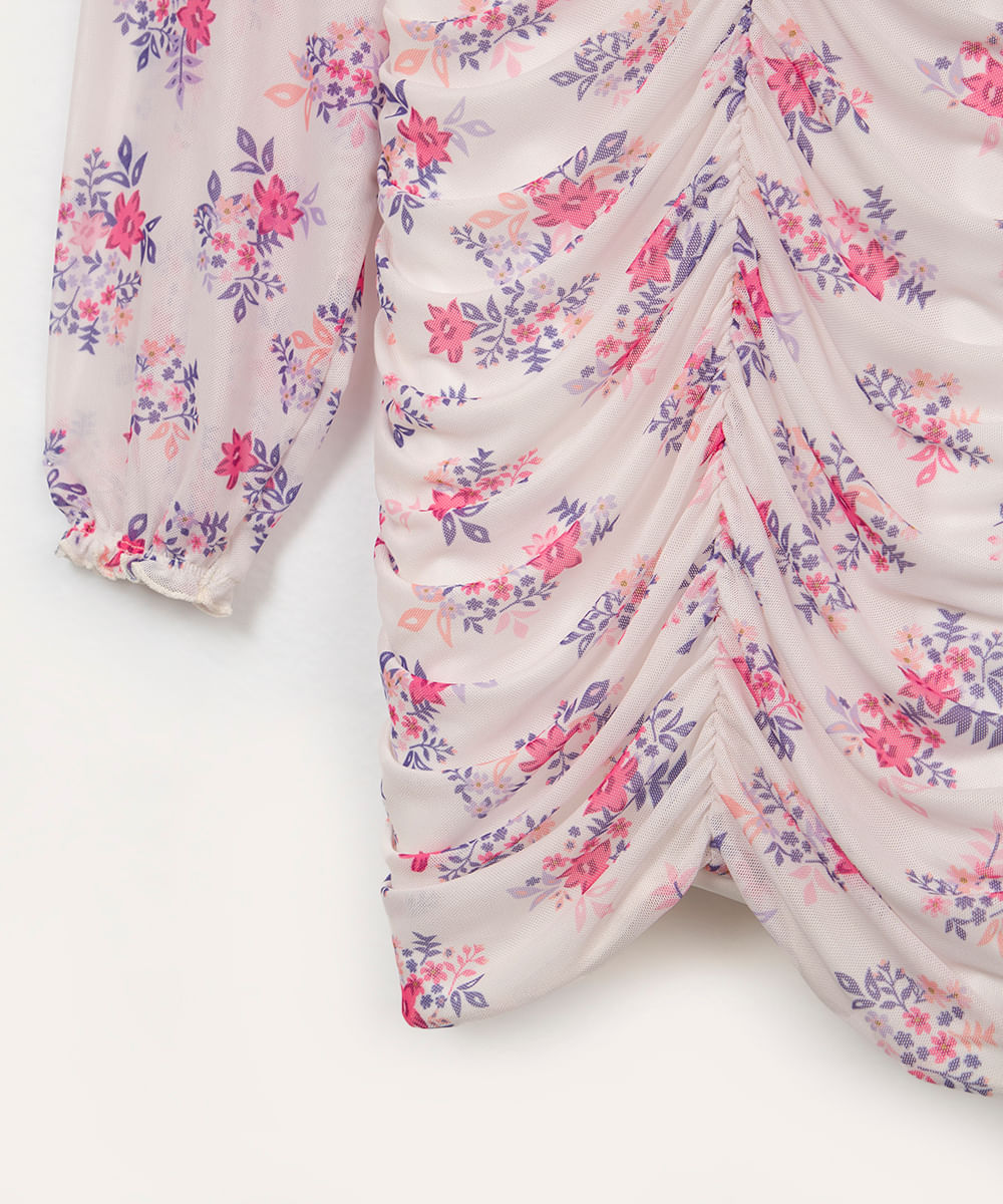 vestido juvenil de tule franzido floral colorido