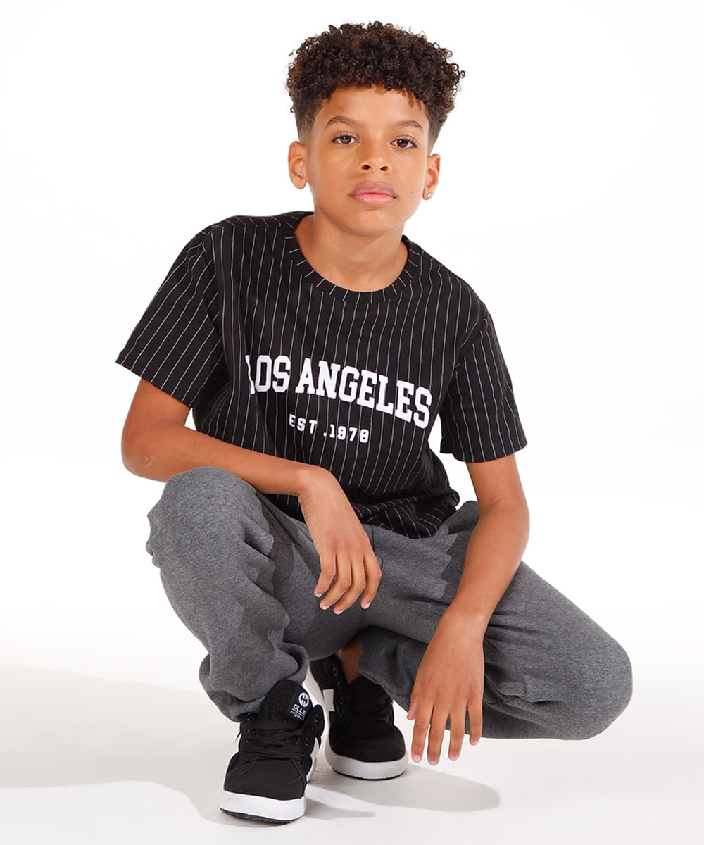 camiseta de algodão juvenil los angeles listrada preta