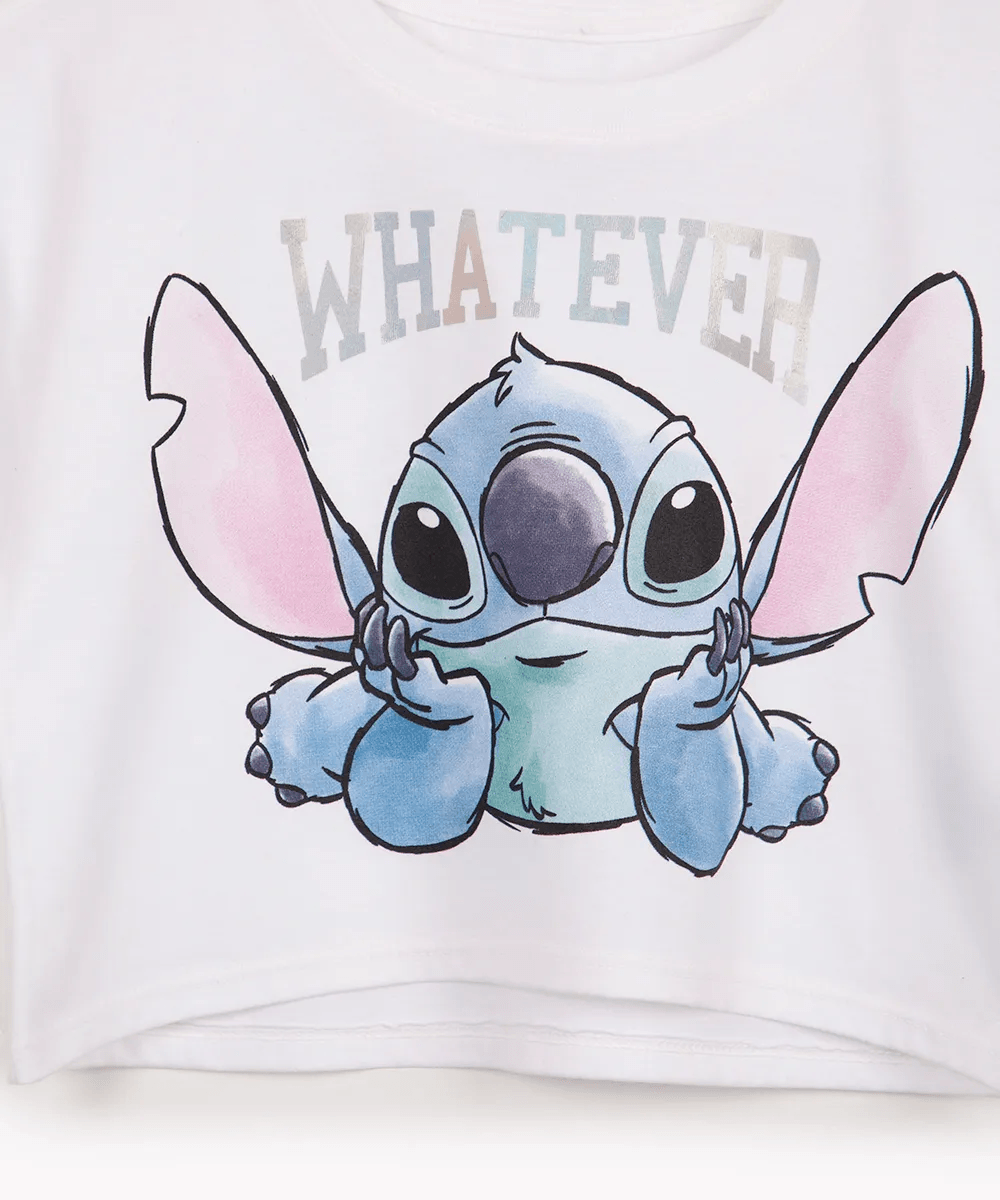 cropped de algodão juvenil Stitch manga curta off white