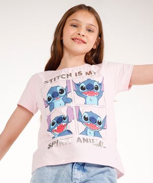 blusa juvenil manga curta stitch rosa