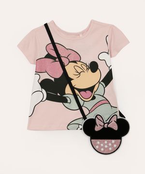 camiseta de algodão infantil com bolsinha minnie rosa