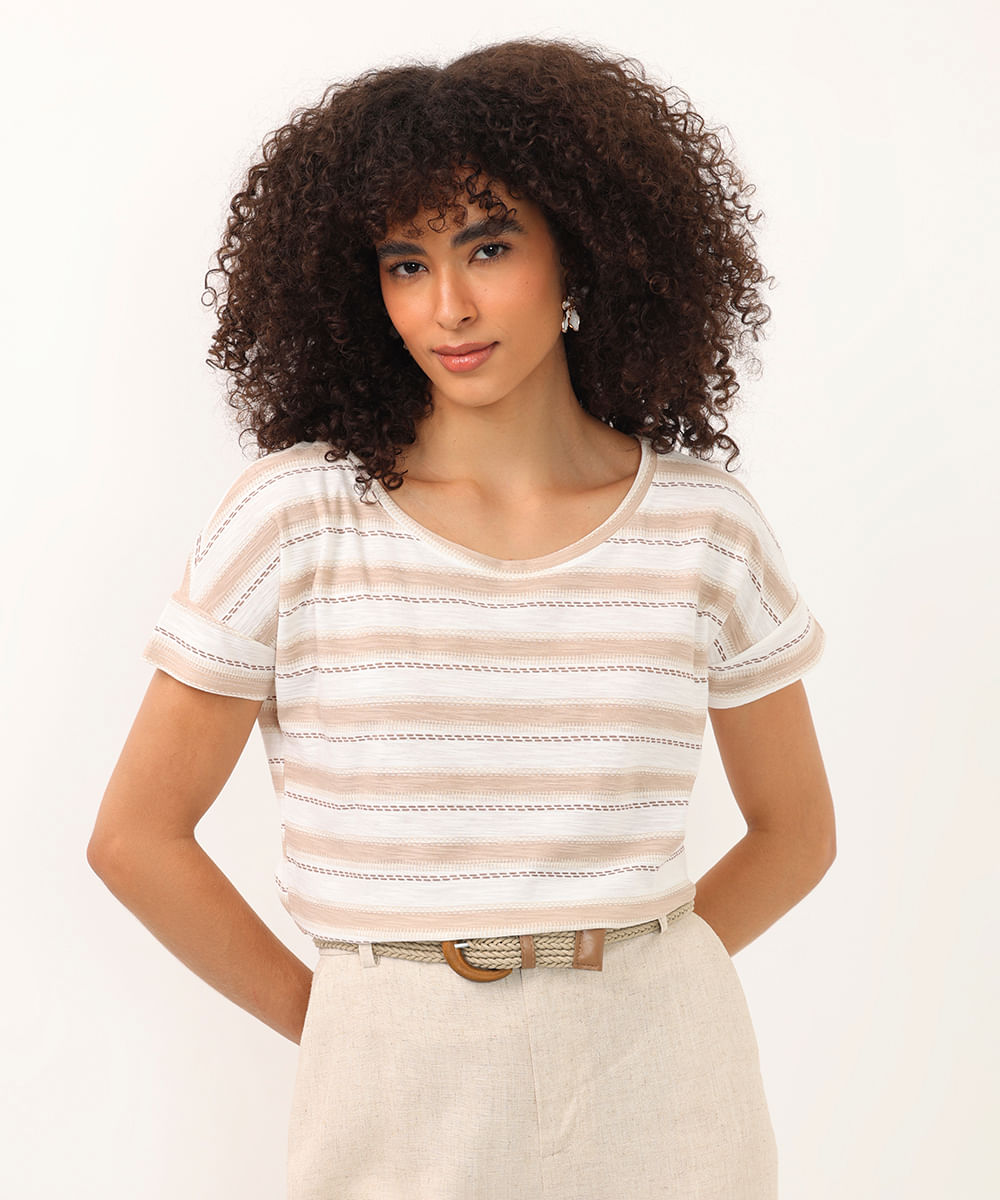 blusa de algodão manga curta listrada off white