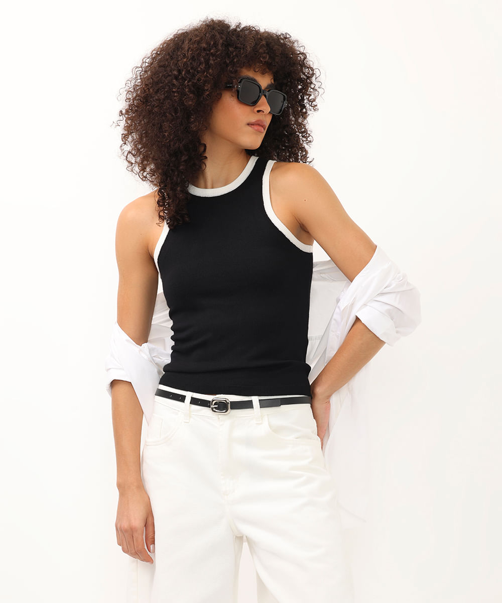 regata de tricot halterneck alongada bicolor preta