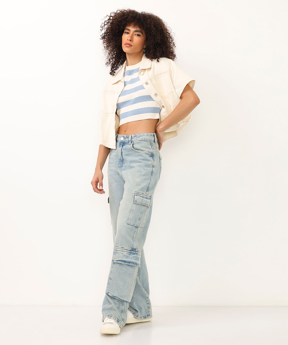 cropped de tricot canelado e listrado azul