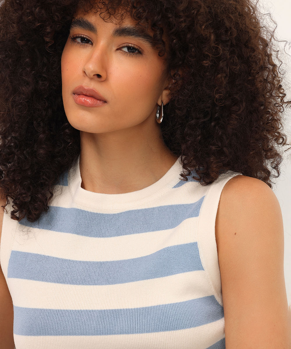 cropped de tricot canelado e listrado azul