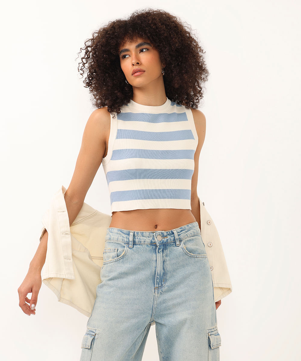 cropped de tricot canelado e listrado azul