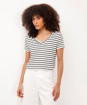 camiseta feminina básica listrada manga curta decote v off white