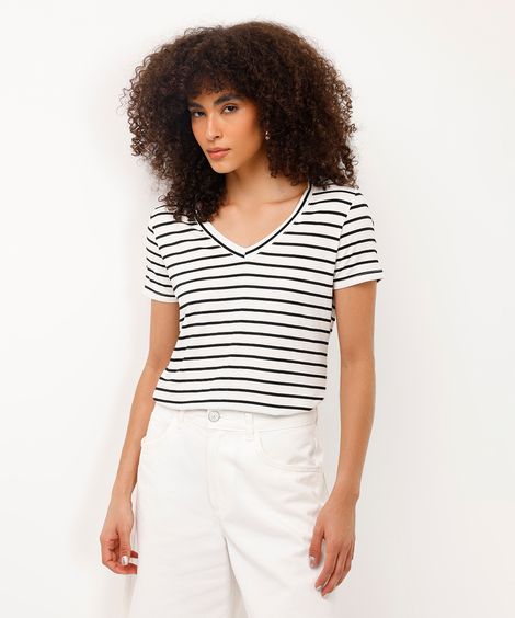 camiseta feminina básica estampada de poá manga curta decote v multicor - off white