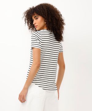 camiseta feminina básica listrada manga curta decote v off white