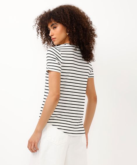camiseta feminina básica estampada de poá manga curta decote v multicor - off white