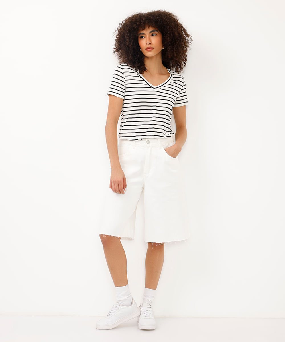 camiseta feminina básica estampada de poá manga curta decote v multicor - off white