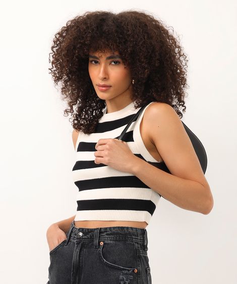 cropped de tricot canelado e listrado preto