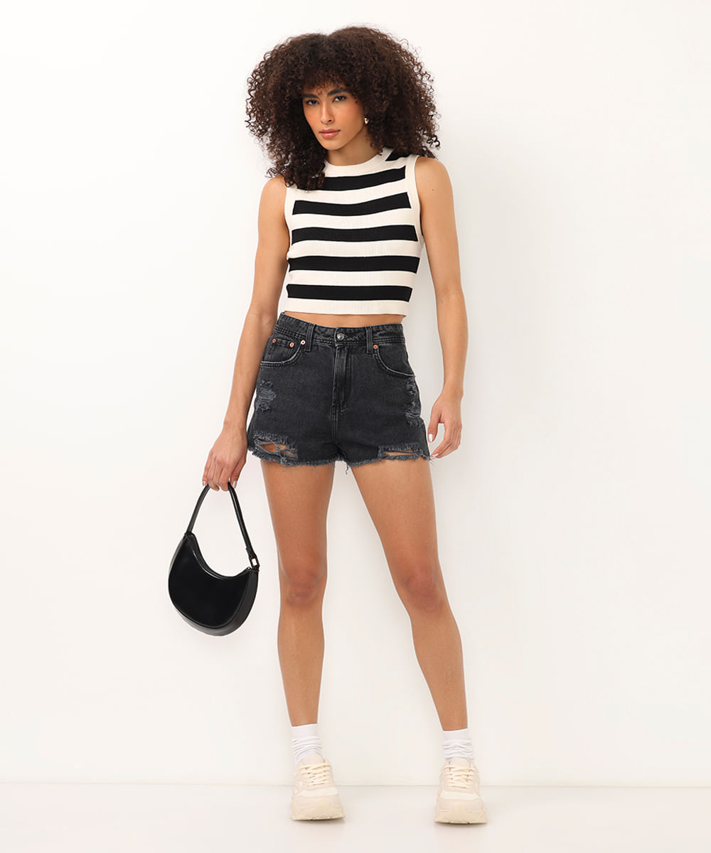 cropped de tricot canelado e listrado preto