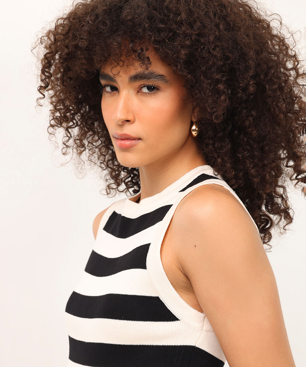 cropped de tricot canelado e listrado preto
