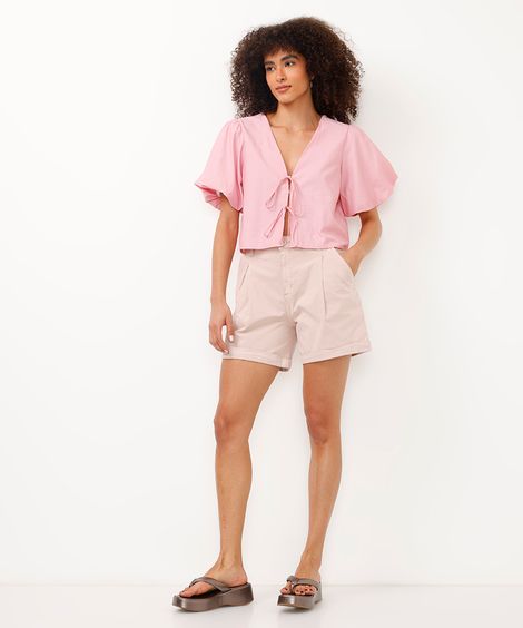 bermuda mom de sarja cintura alta barra dobrada rosa
