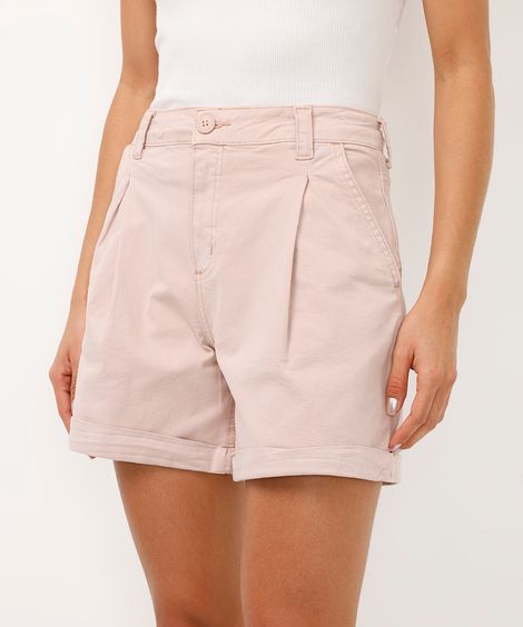bermuda mom de sarja cintura alta barra dobrada rosa