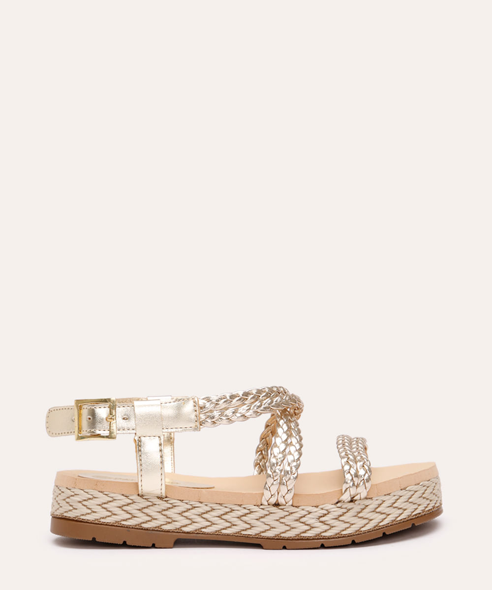 sandália flatform infantil tiras trançadas dourada