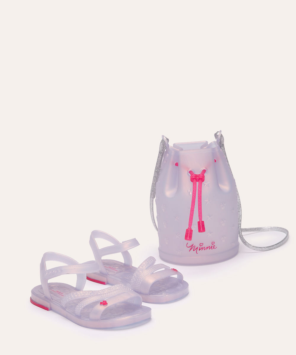 sandália infantil minnie com bolsa lilás
