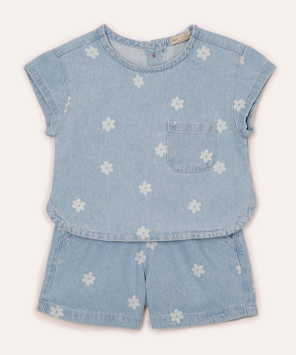 conjunto jeans infantil curto floral azul