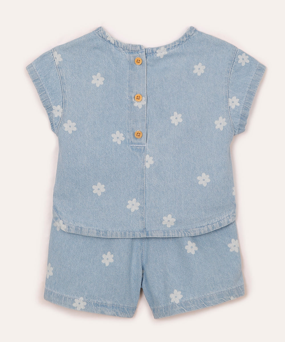 conjunto jeans infantil curto floral azul