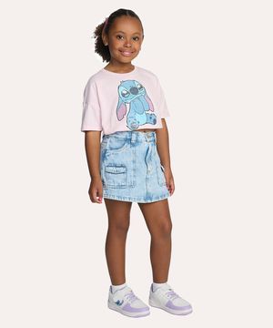 blusa de algodão infantil disney stitch com paetê manga curta rosa