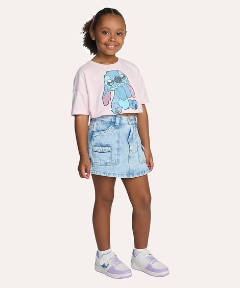blusa de algodão infantil disney stitch com paetê manga curta rosa neon - rosa claro