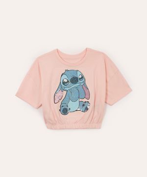 blusa de algodão infantil disney stitch com paetê manga curta rosa neon - rosa claro