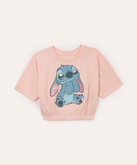 blusa de algodão infantil disney stitch com paetê manga curta rosa neon - rosa claro