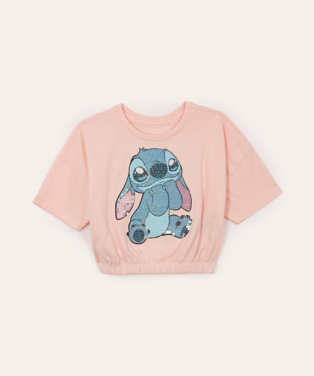 blusa de algodão infantil disney stitch com paetê manga curta rosa neon - rosa claro
