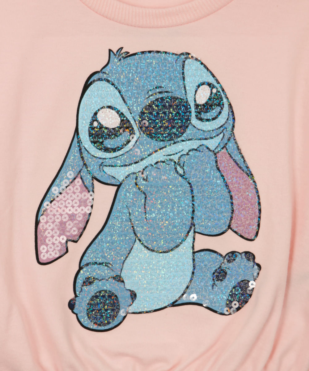 blusa de algodão infantil disney stitch com paetê manga curta rosa neon - rosa claro