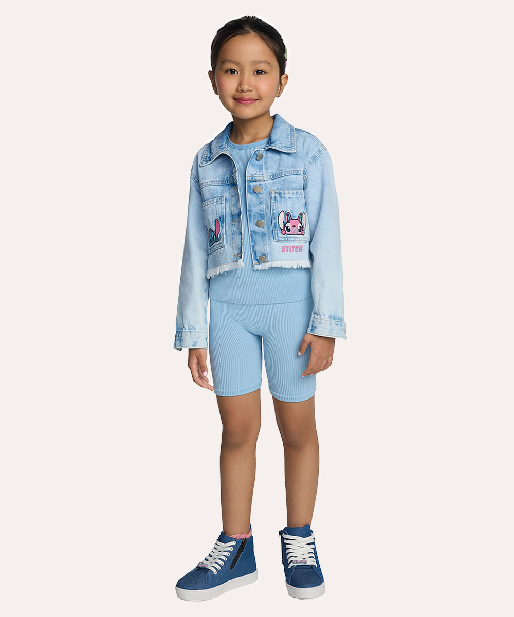 jaqueta jeans infantil stitch com desfiado azul