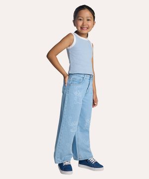 calça wide leg jeans infantil stitch azul