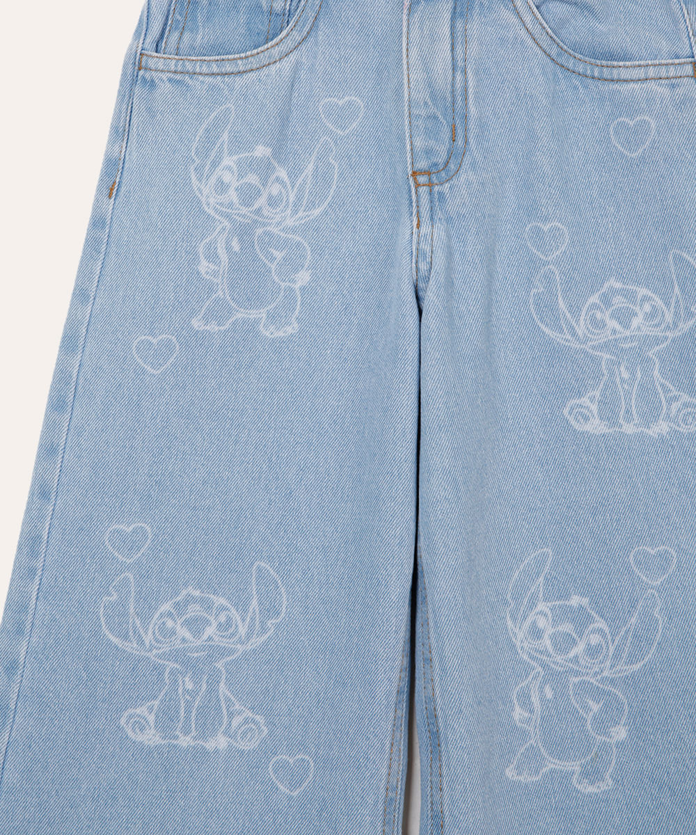 calça wide leg jeans infantil stitch azul