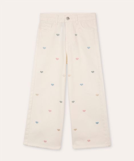 calça de sarja wide leg infantil corações bordado off white