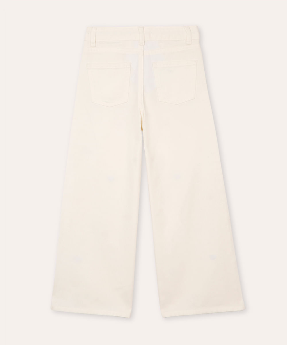 calça de sarja wide leg infantil corações bordado off white