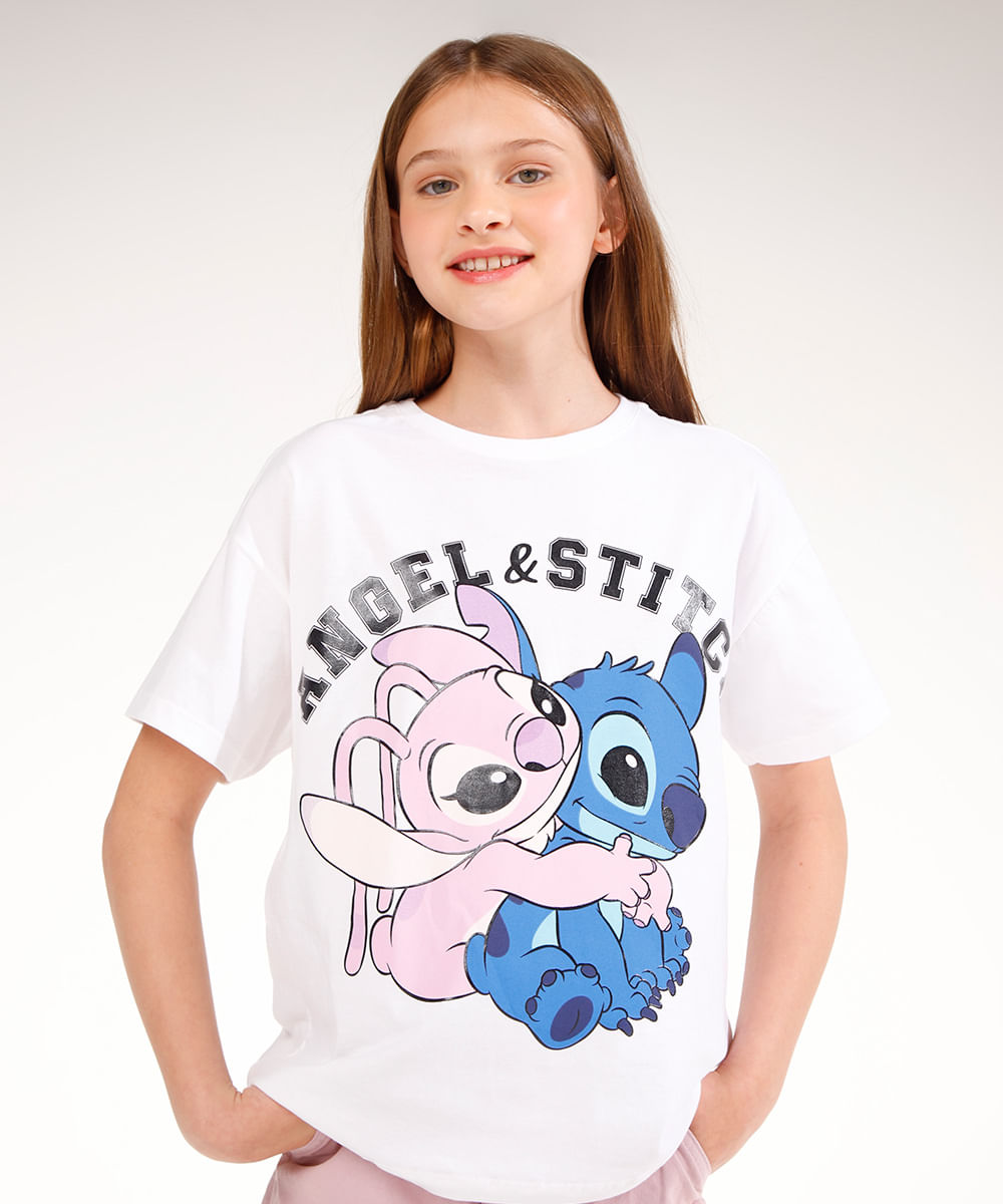 camiseta de algodão juvenil angel e stitch off white