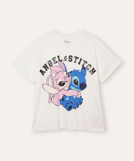 camiseta de algodão juvenil angel e stitch off white