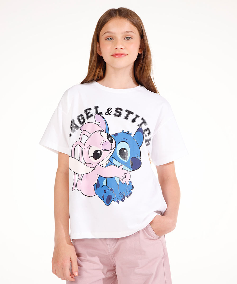 camiseta de algodão juvenil angel e stitch off white