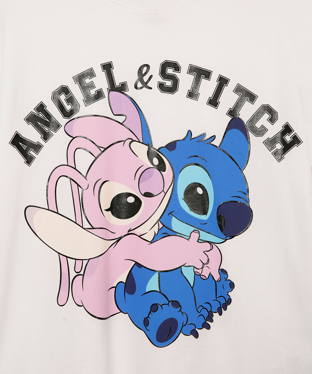 camiseta de algodão juvenil angel e stitch off white