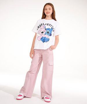 calça wide leg cargo de sarja juvenil  - rosa claro