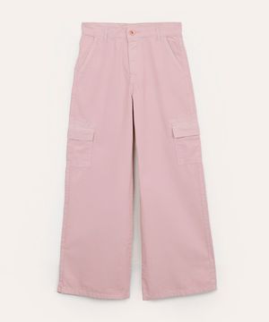 calça wide leg cargo de sarja juvenil  - rosa claro