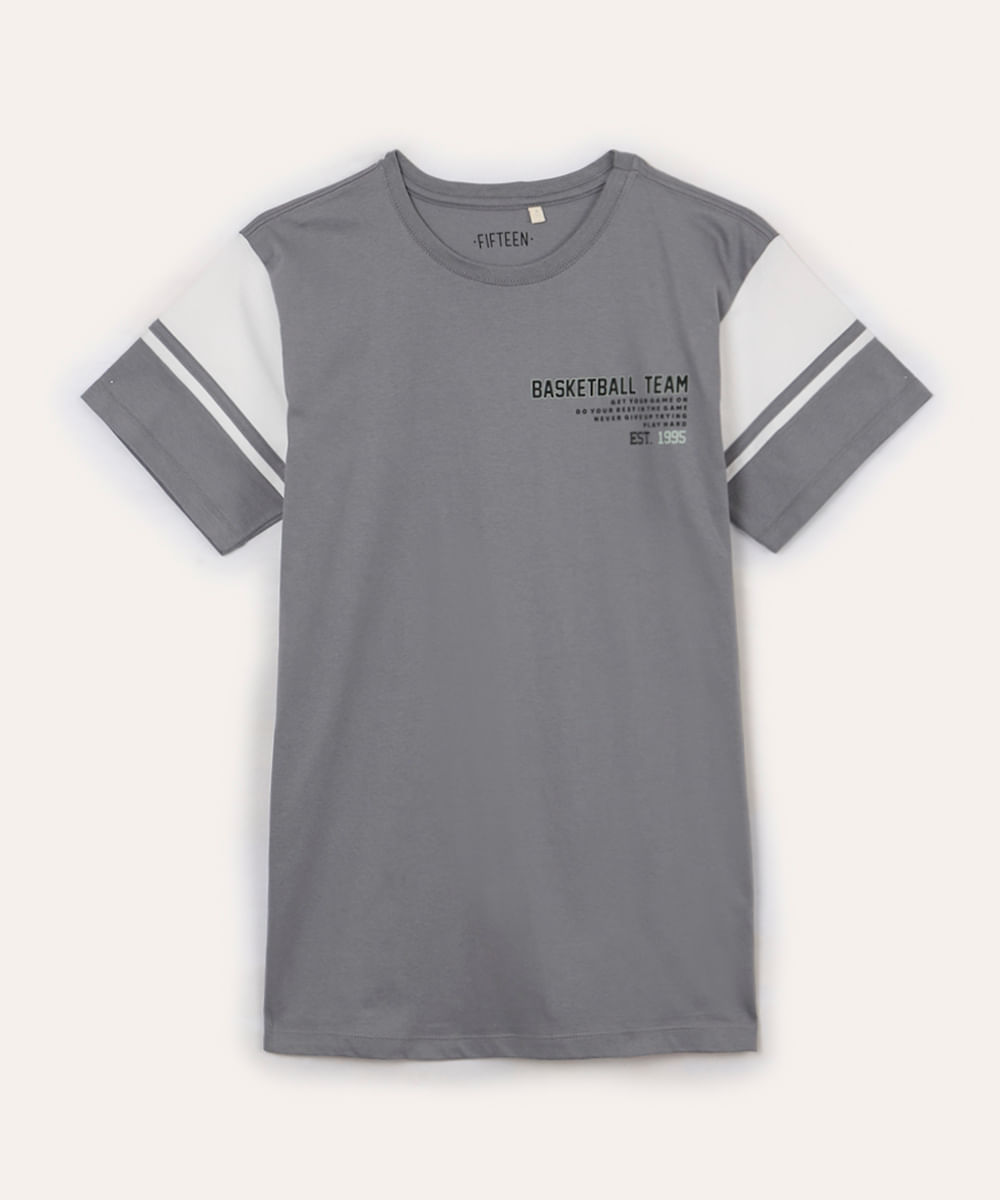 camiseta juvenil de algodão basketball team cinza