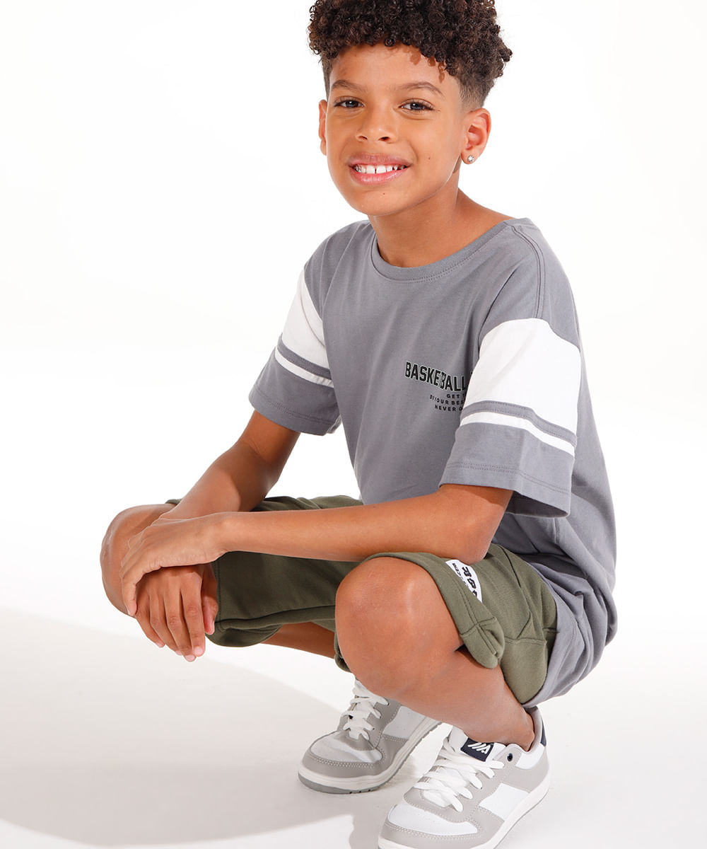 camiseta juvenil de algodão basketball team cinza