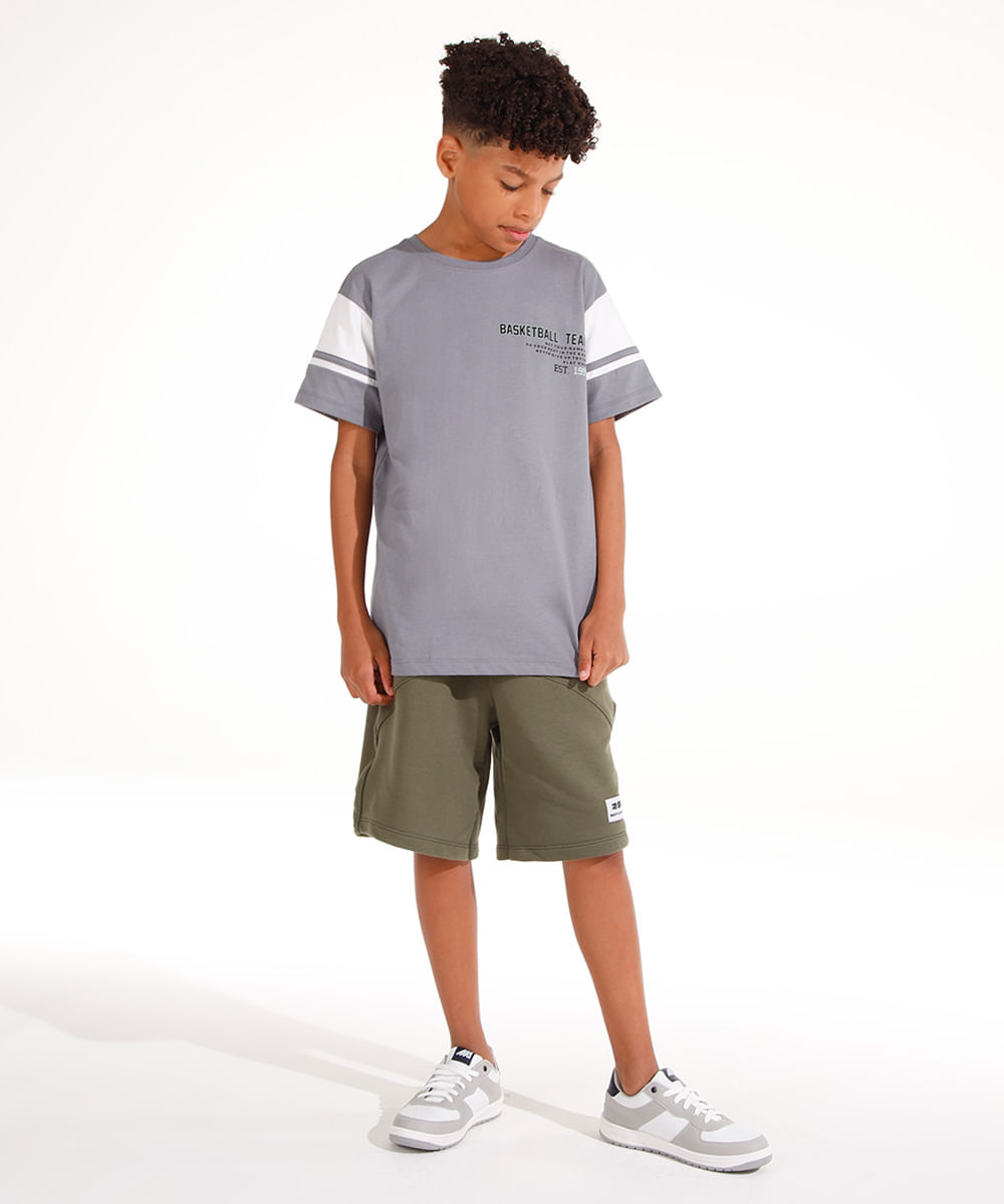 short de moletom juvenil com recorte preto - verde militar