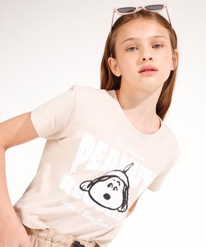 blusa juvenil de algodão snoopy manga curta bege