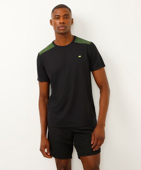 camiseta masculina esportiva manga curta com recorte bicolor - preto